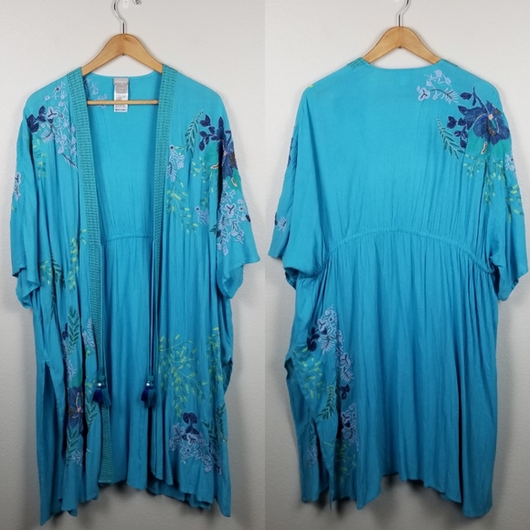 Chico's Aqua Blue Embroidery Beaded Bohemian Duster Kimono Beach Cover Up Sz S/M - Picture 2 of 12